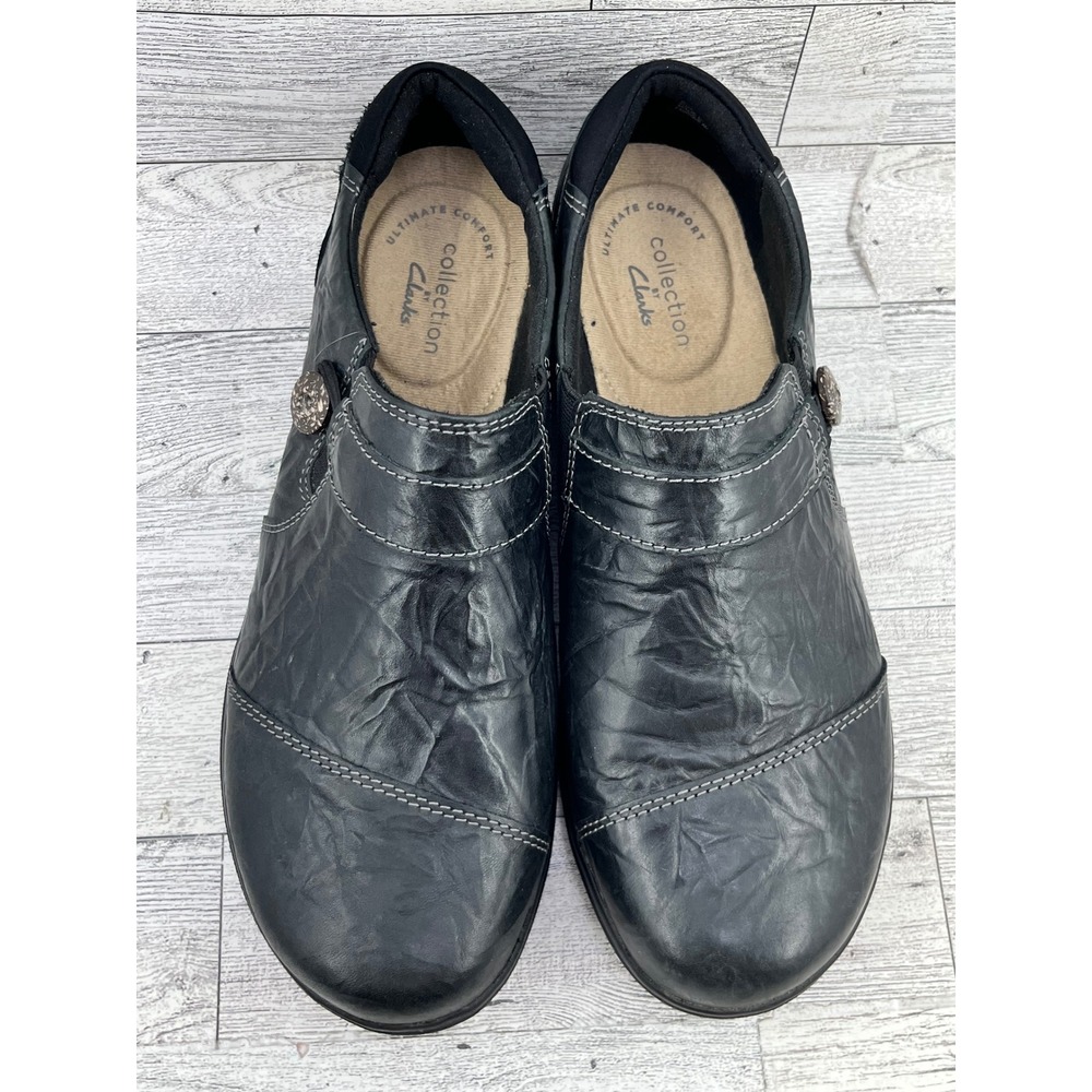 Clarks Collection Cheyn Madi Black Leather Ruched Slip On Loafers Women Sz 7.5M - Picture 10 of 10